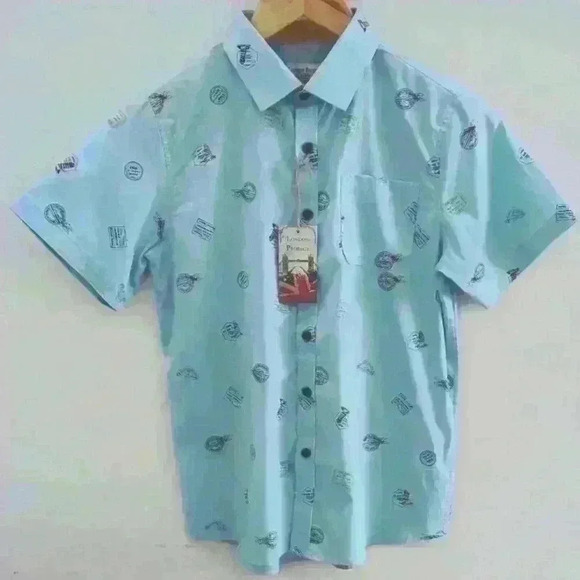 LONDON PRODIGY | Boys Ocean Blue Passport Print Short Sleeved Shirt - Picture 1 of 6